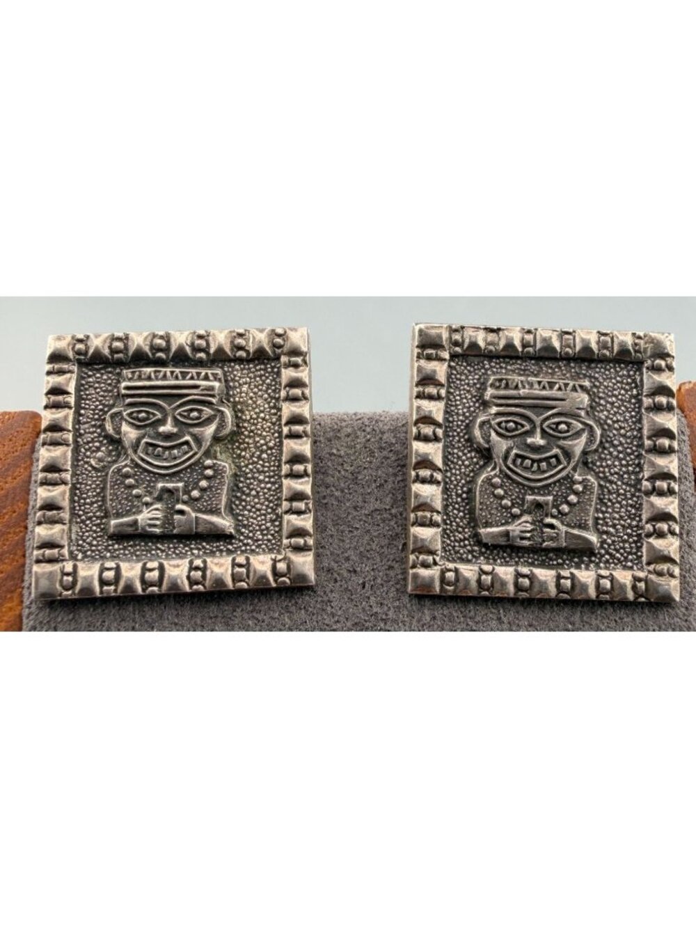 Vintage Cuff Links Aztec Style Sterling Silver Square Relief  XRF Tested 3/4"